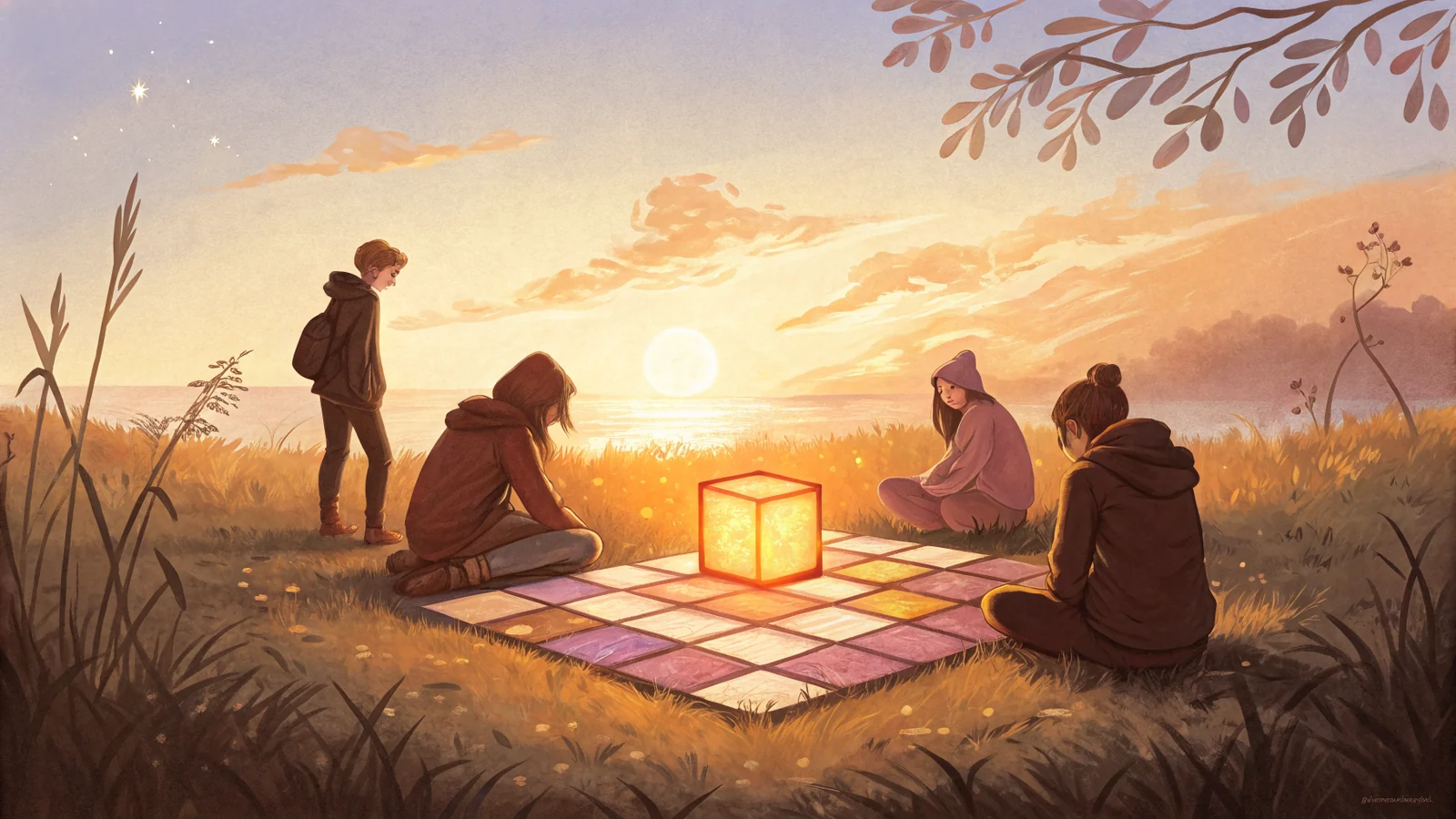 Builders reaching toward a glowing board of violet pieces as the golden SyncVybe piece descends to fill the last slot